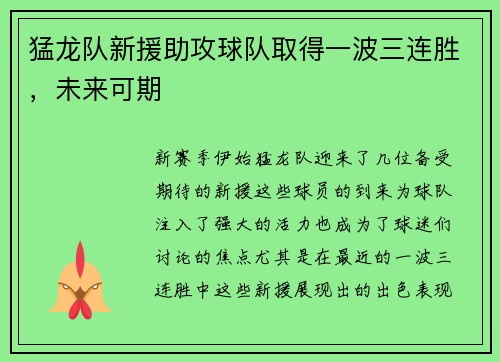 猛龙队新援助攻球队取得一波三连胜，未来可期