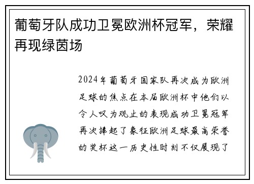 葡萄牙队成功卫冕欧洲杯冠军，荣耀再现绿茵场