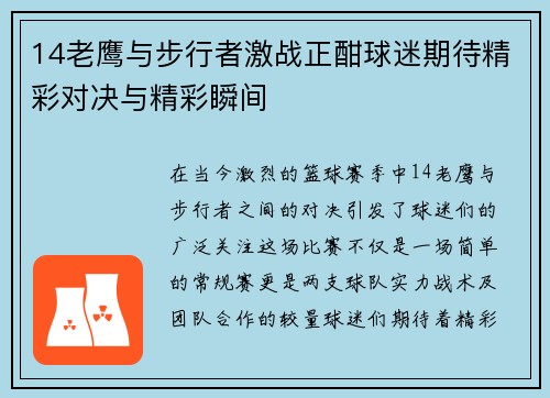 14老鹰与步行者激战正酣球迷期待精彩对决与精彩瞬间
